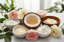 create a image with She butter, coconut oil, mango butter, kokum butter with wild roses