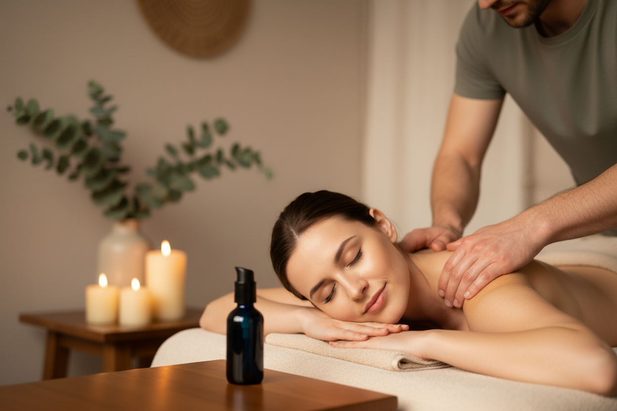 Man giving woman massage with Vanilla Nourishing Body & Hair Oil