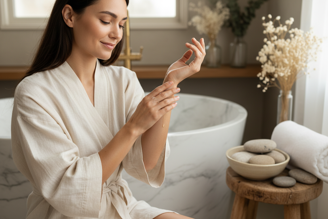 Woman using Vanilla Nourishing Body & Hair Oil